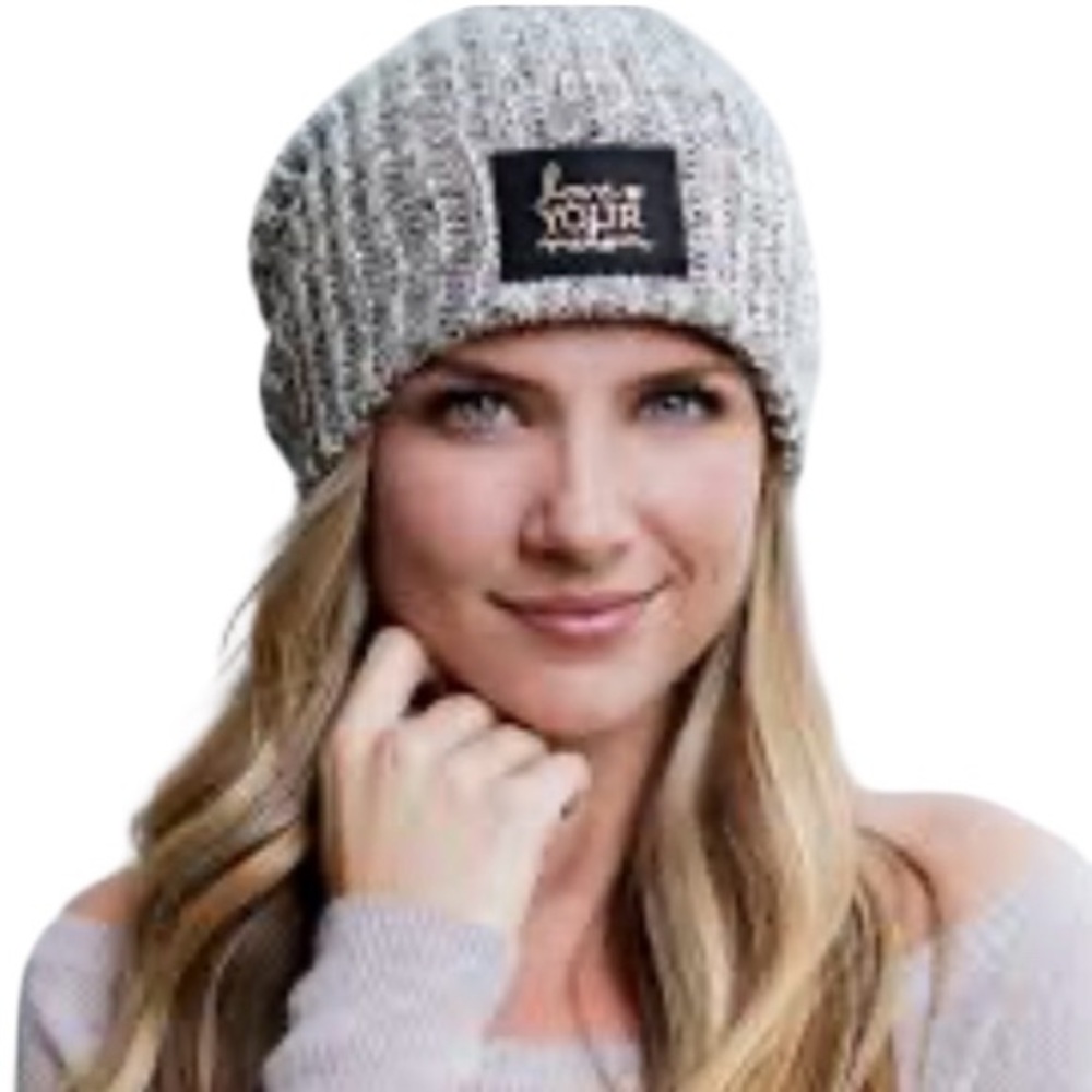 Love Your Melon Hat One Size Unisex Black White Leather Patch Slouchy Toque